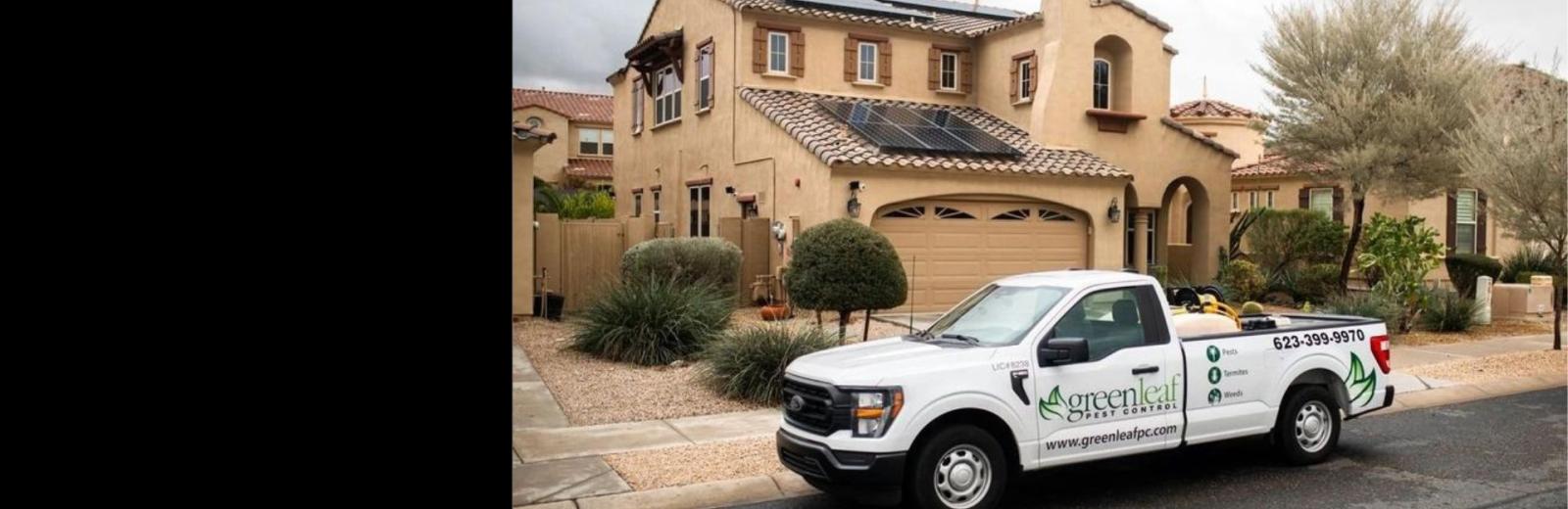 greenleaf pest control truck outside of an arizona home