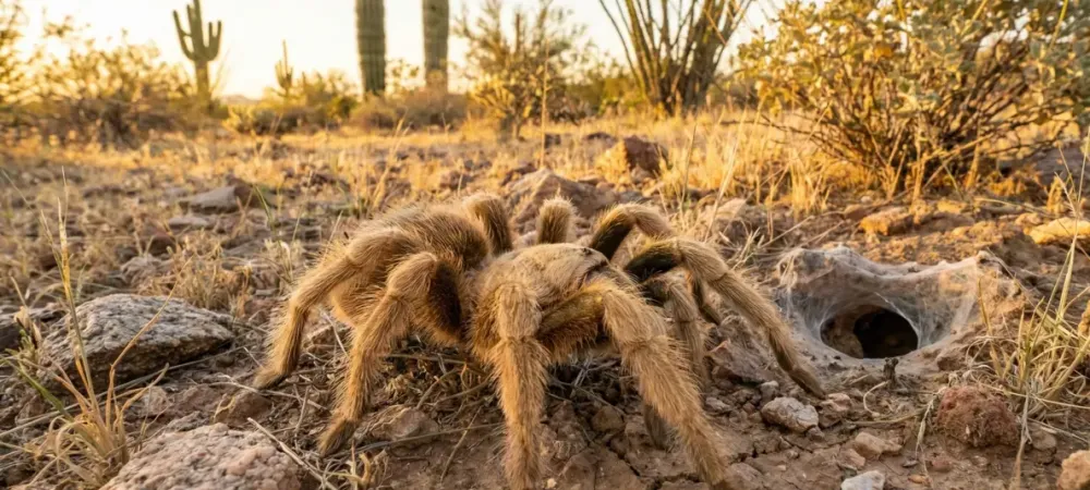 blonde tarantula next to a burrow