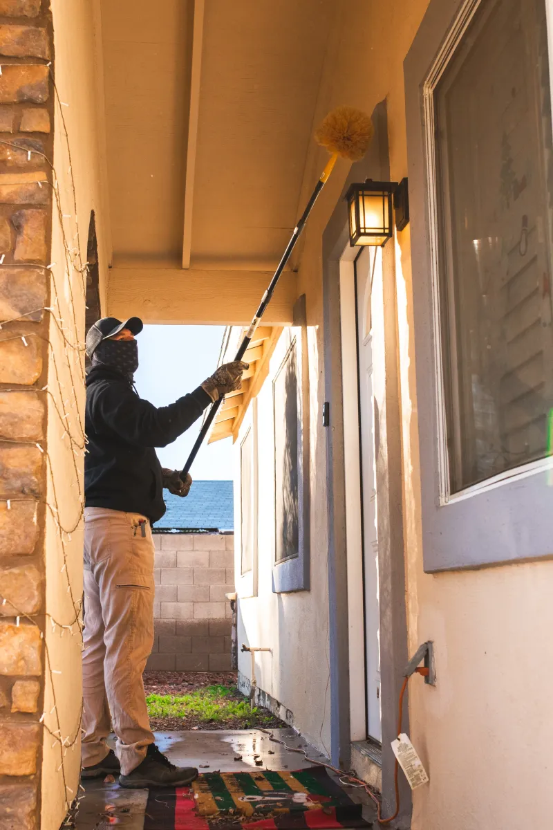Greenleaf pest control tech cleaning spider webs